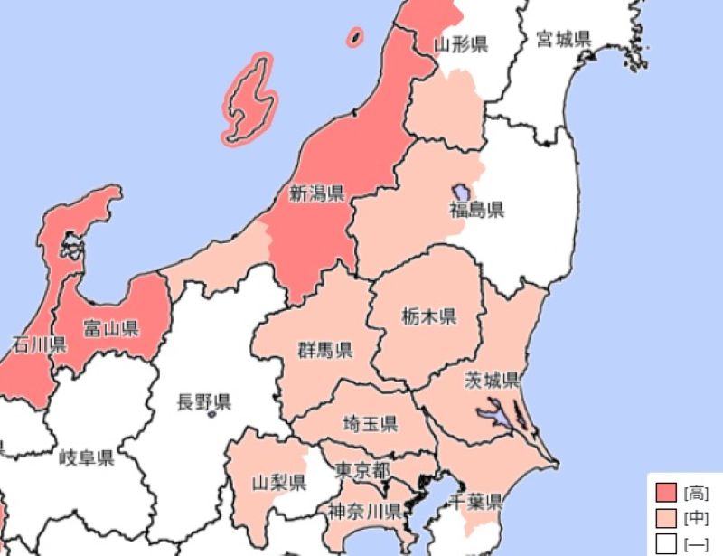 8日、大雨警報が出る可能性のあるエリア（早期注意情報、気象庁HPから）