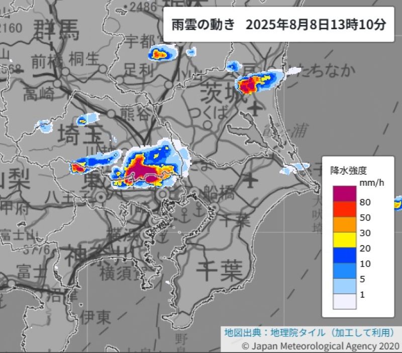 雨雲の動き（8日午後1時10分、気象庁HPから）