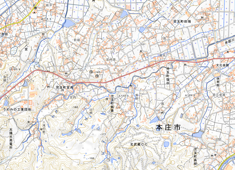 イノシシが目撃された埼玉県本庄市児玉町飯倉の周辺（国土地理院HPより）
