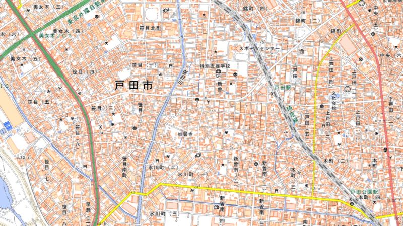 戸田市氷川町1丁目の位置（図の中央下付近）＝国土地理院HPか