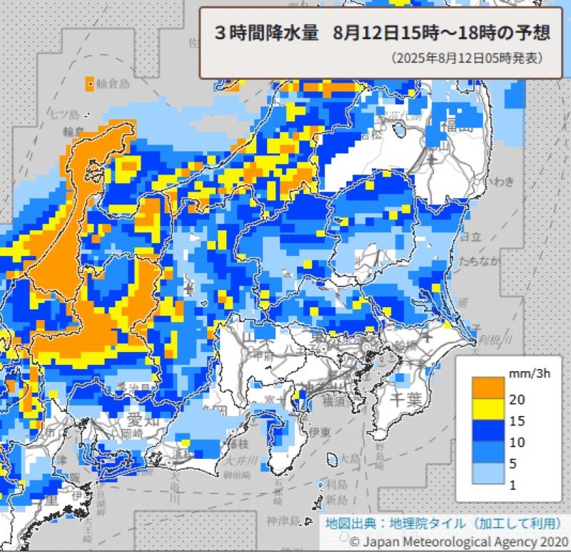 きょう夕方の雨の予想（3時間降水量、12日午後3時から同6時の予想）＝気象庁HPから