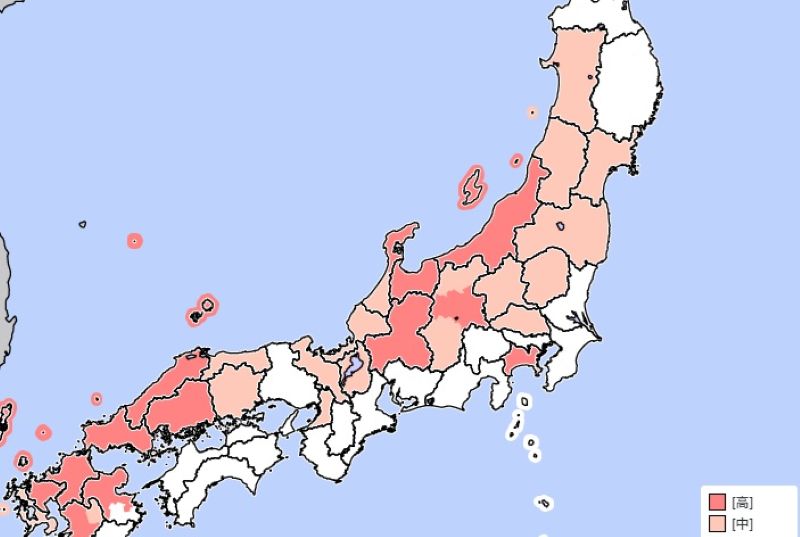大雨警報が発表される可能性のあるエリア（12日から13日朝、早期注意情報）＝気象庁HPから