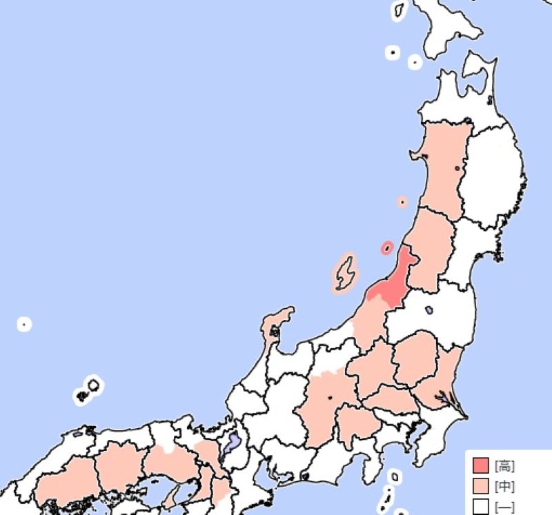 大雨の早期注意情報が発表されているエリア（15日午前8時、気象庁HPから）