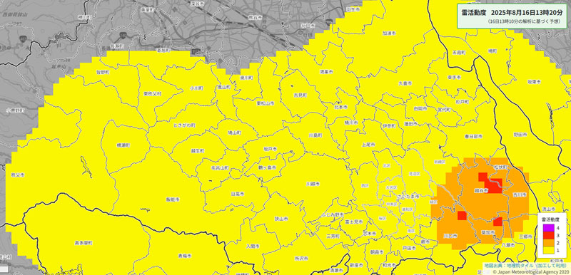 雷活動度、午後1時20分現在（気象庁HPより）