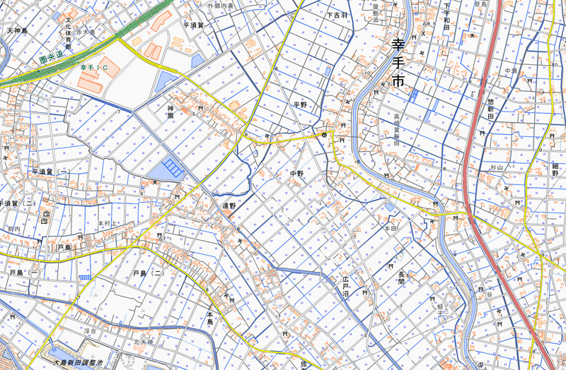 イノシシが目撃された幸手市中野の周辺（国土地理院HPより）
