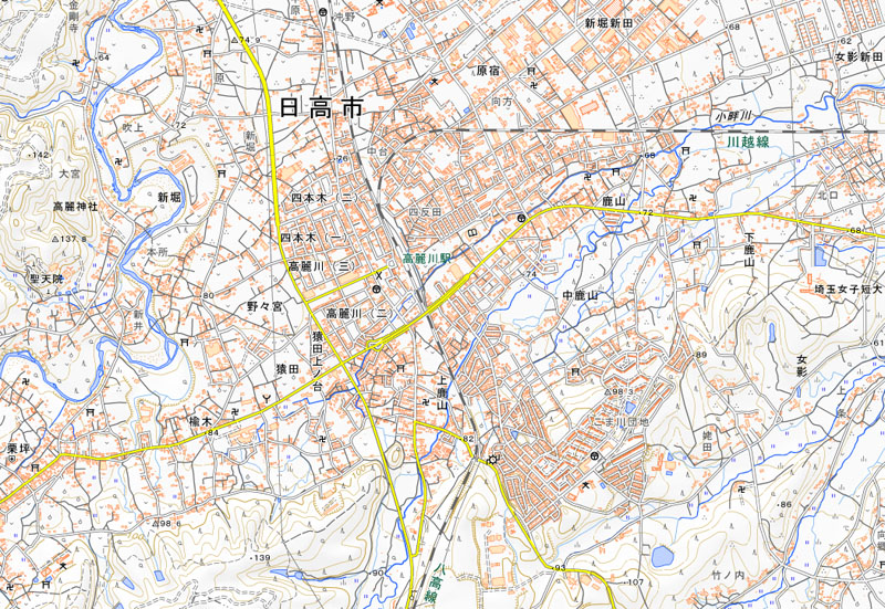 サルが目撃された日高市高麗川2丁目の周辺（国土地理院HPより）
