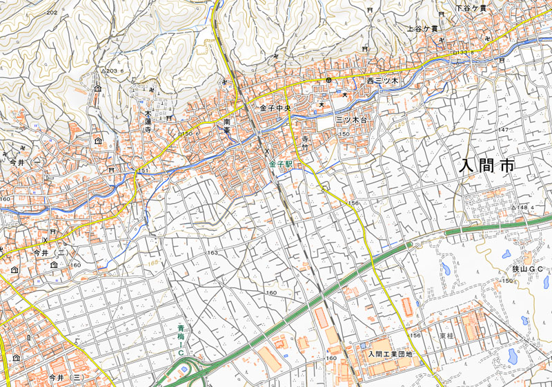 シカが目撃された入間市木蓮寺の周辺（国土地理院HPより）
