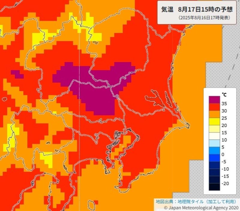 17日午後3時の予想気温（16日午後5時発表、気象庁HPから）