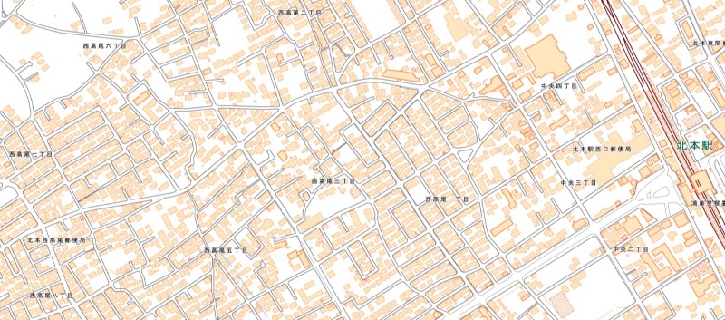 北本市西高尾7丁目の位置（地図の左端付近）＝国土地理院HPから