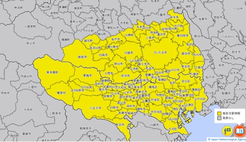 竜巻注意情報が発表されたエリア（18日午後3時32分、気象庁HPから）
