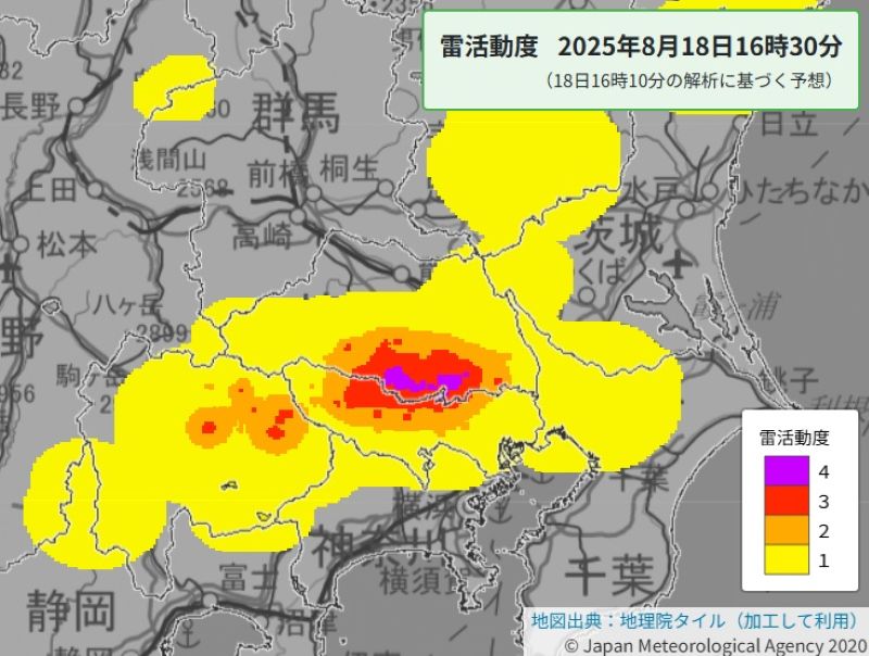 雷活動度（18日午後4時30分の予想、気象庁HPから）
