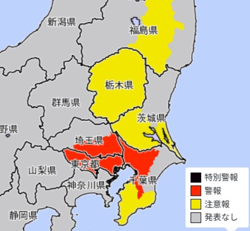 大雨警報・注意報が発表されているエリア（18日午後4時31分、気象庁HPから）＝更新＝