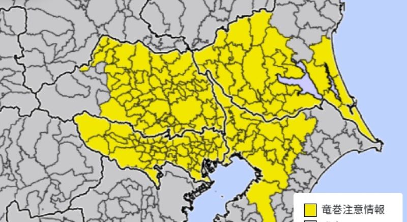 竜巻注意情報が発表されているエリア（18日午後5時52分、気象庁HPから）