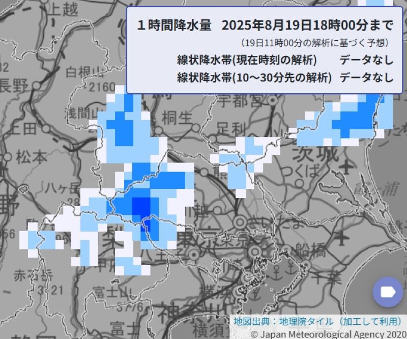 夕方の雨の予想（1時間降水量予想　19日午後6時まで）＝気象庁HPから