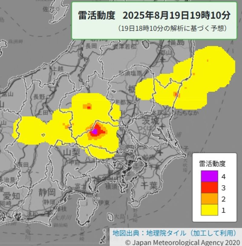 雷活動度（19日午後7時10分の予想、気象庁HPから）