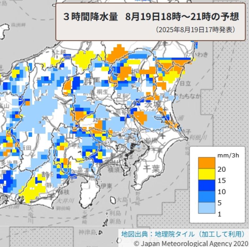 今夜の3時間降水量の予想（19日午後6時から同9時、気象庁HPから）