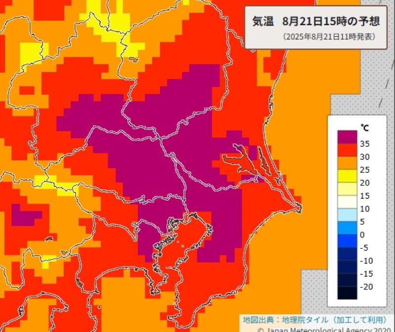 21日午後3時の気温の予想（気象庁HPから）