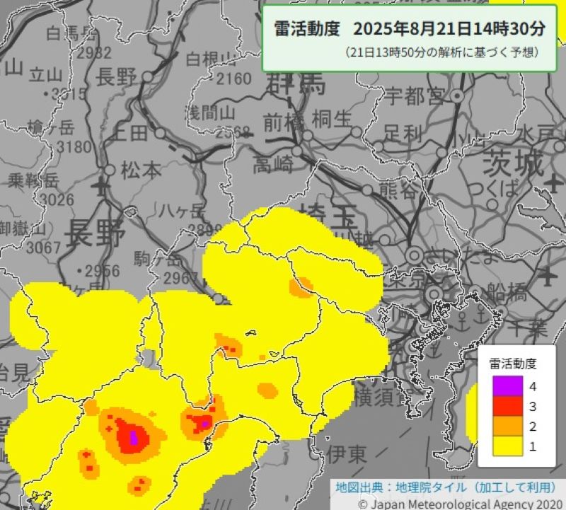 雷活動度（21日午後2時30分の予想、気象庁HPから）