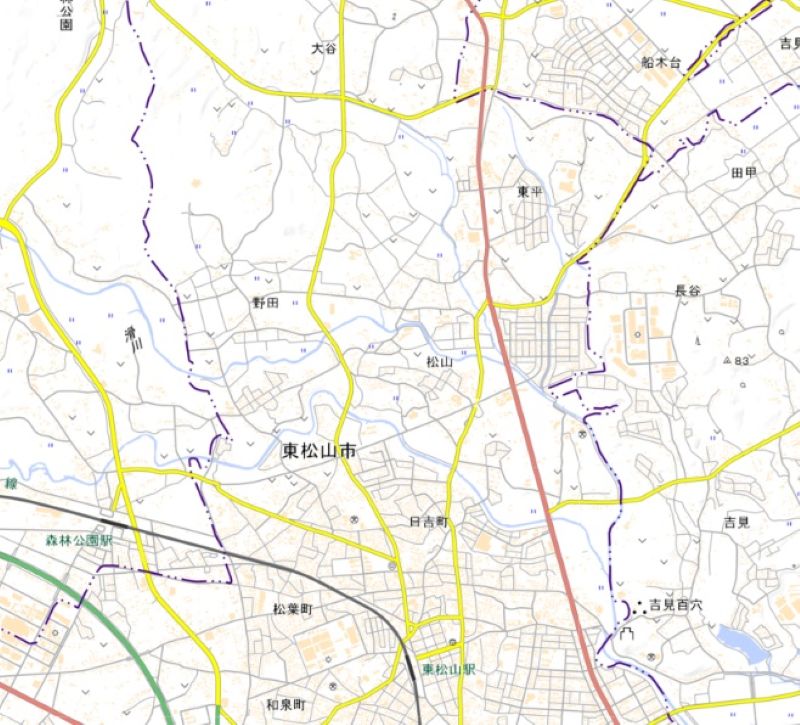 東松山市東平、松山、大谷地区の位置（図の中央上部）＝国土地理院HPから