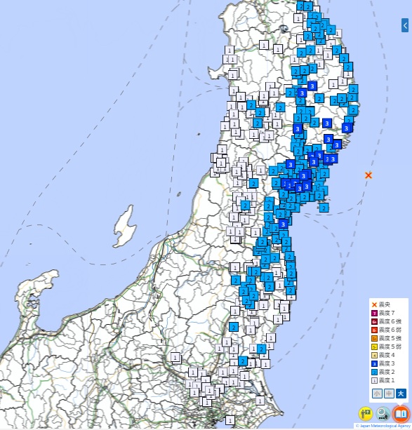各地の震度と震源の位置（22日午前7時34分、気象庁HPから）
