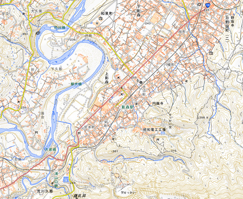 秩父市下影森の周辺（国土地理院HPより）