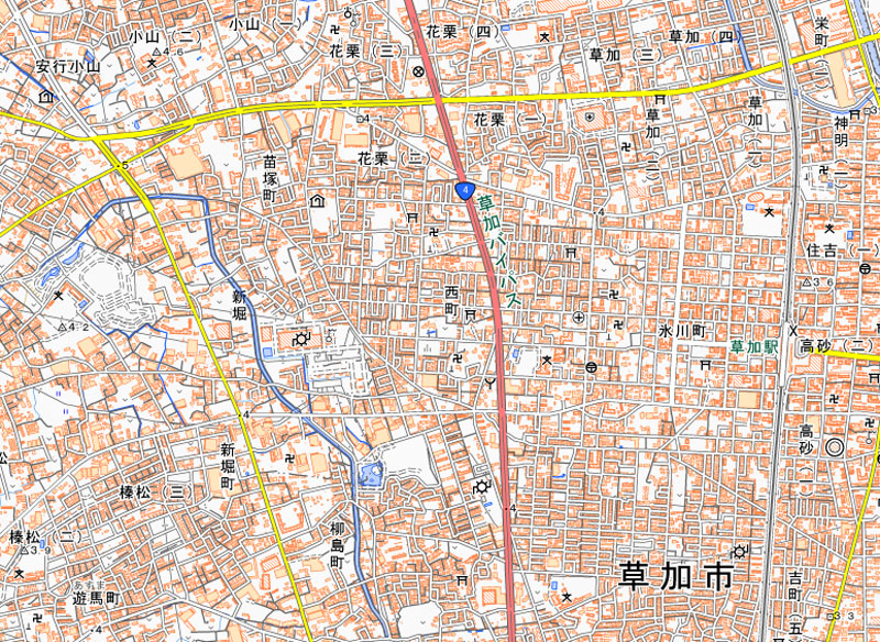 草加市西町の周辺（国土地理院HPより）