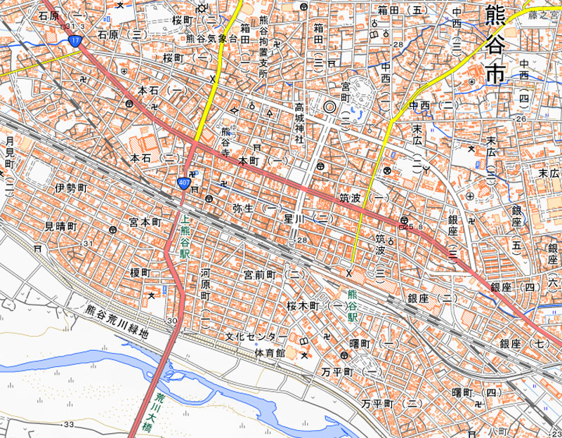熊谷市河原町2丁目の周辺（国土地理院HPより）