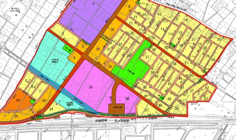カインズ新店舗の予定地（「吉川美南駅東口周辺地区土地区画整理事業」55街区）＝吉川市公式HPの同事業土地計画利用図から