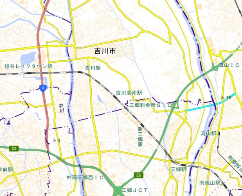 吉川美南駅周辺（地図の中心付近）＝国土地理院HPから