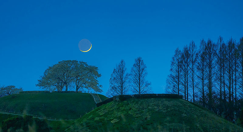行田市のさきたま古墳群に咲く桜と三日月を撮影した「春宵のシルエット」（撮影：KAGAYA）