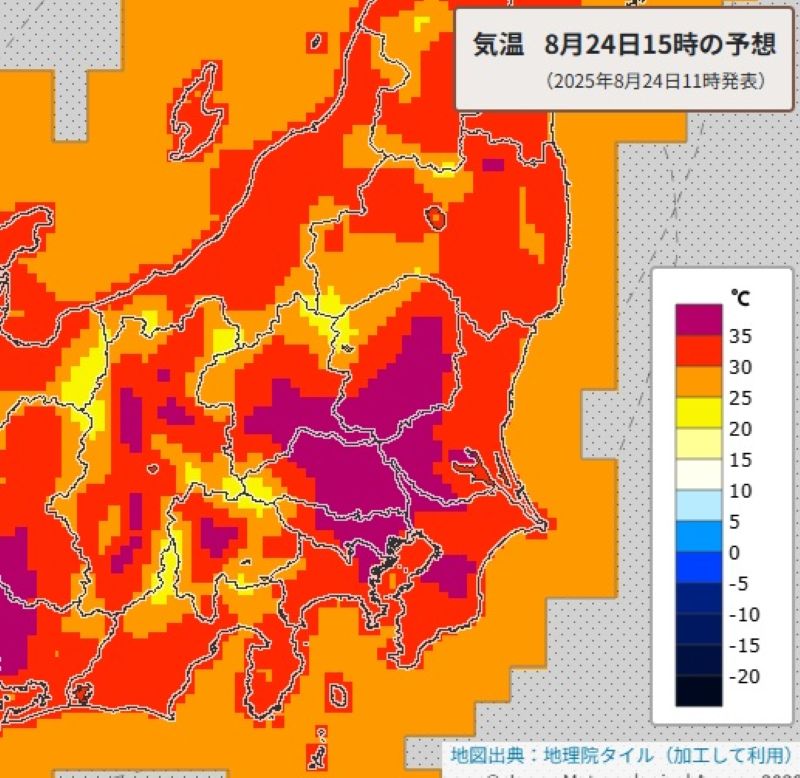 24日午後3時の予想気温（気象庁HPから）