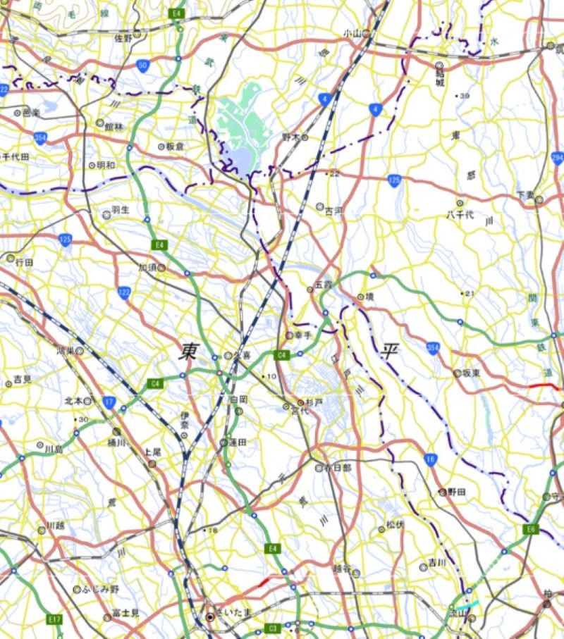 東北新幹線、大宮―小山間の周辺図（国土地理院HPから）