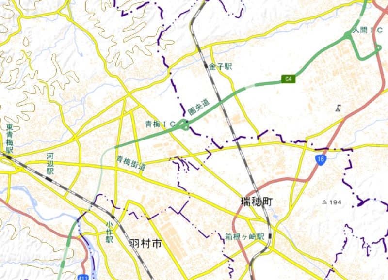 青梅ICの位置（国土地理院HPから）