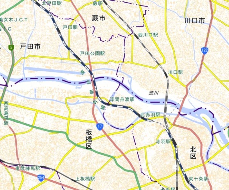 浮間舟渡駅の位置（地図の中心付近）＝国土地理院HPから