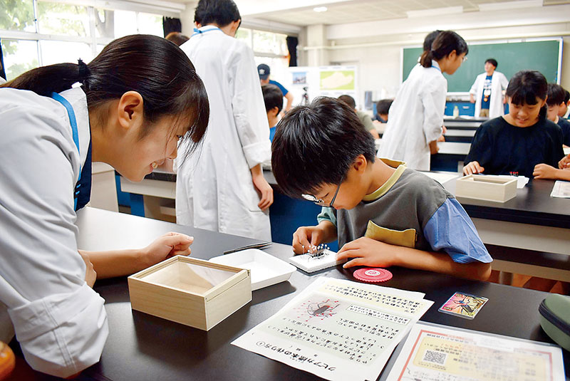 高校生が小学生に標本の作り方を教えた＝18日、所沢市並木