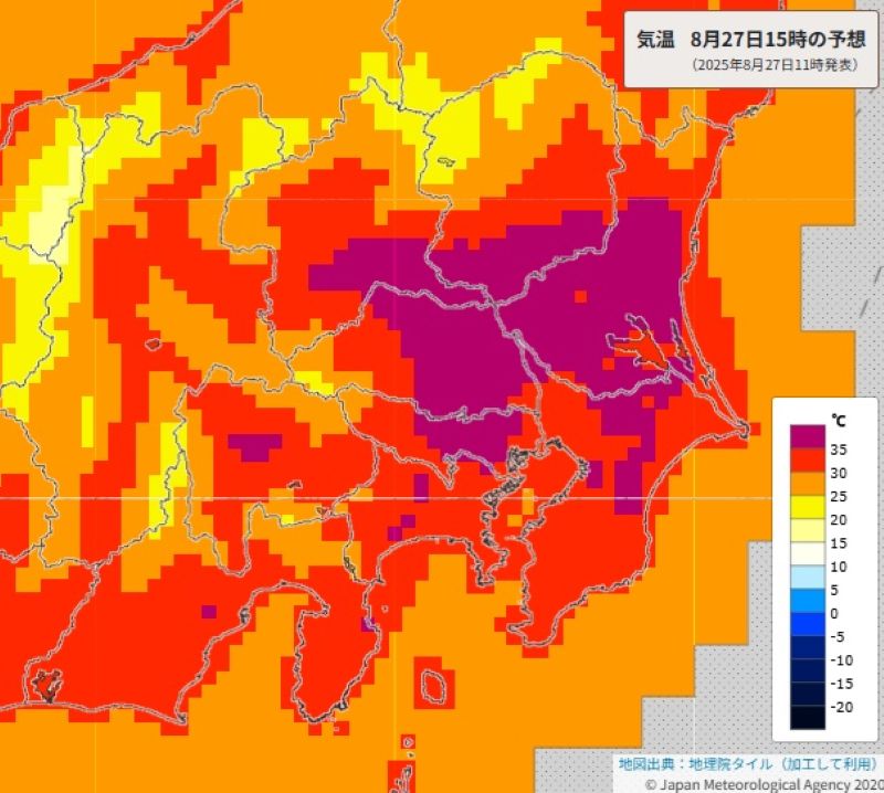 27日午後3時の気温予想（気象庁HPから）