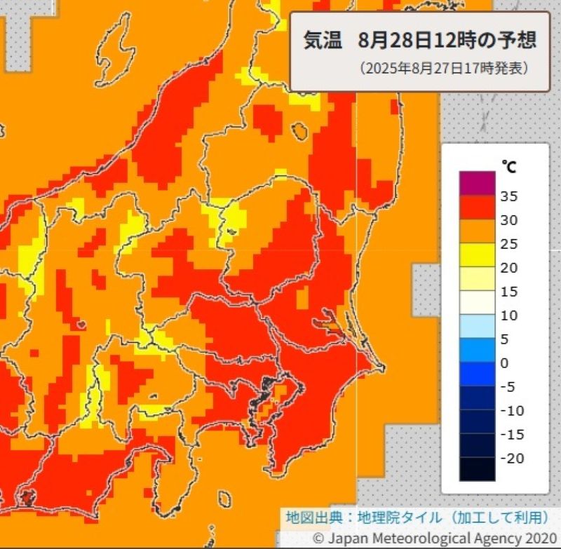 28日正午の予想気温（気象庁HPから）