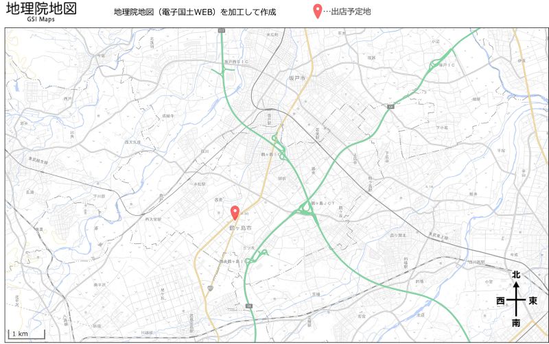 新店舗の出店予定位置（ 地理院地図・電子国土WEBを加工して作成）