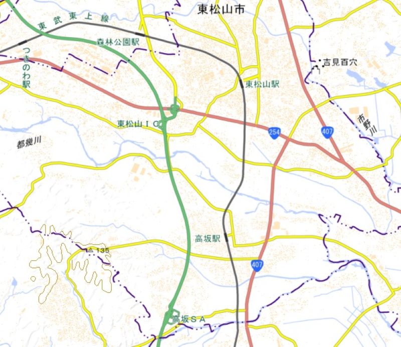 高坂―東松山駅間の周辺図（国土地理院HPから）