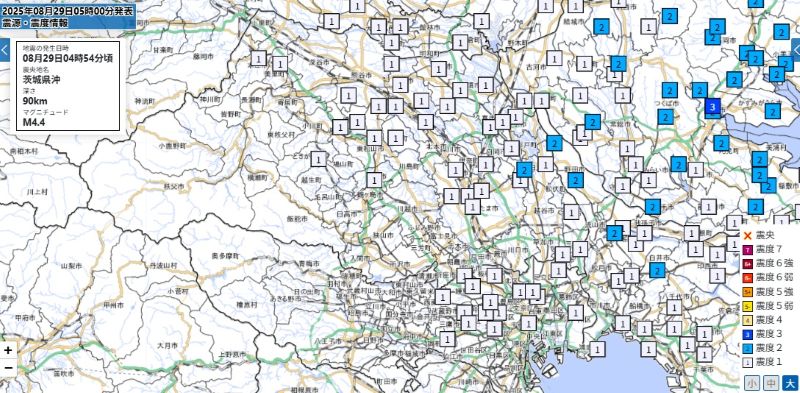 埼玉・東京の震度分布（29日午前4時54分ごろ、気象庁HPから）