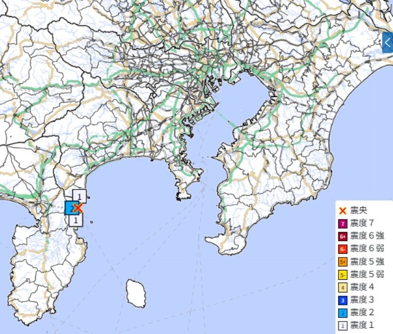 相模湾の地震の震度分布図（29日午前3時39分ごろ、気象庁HP,から）