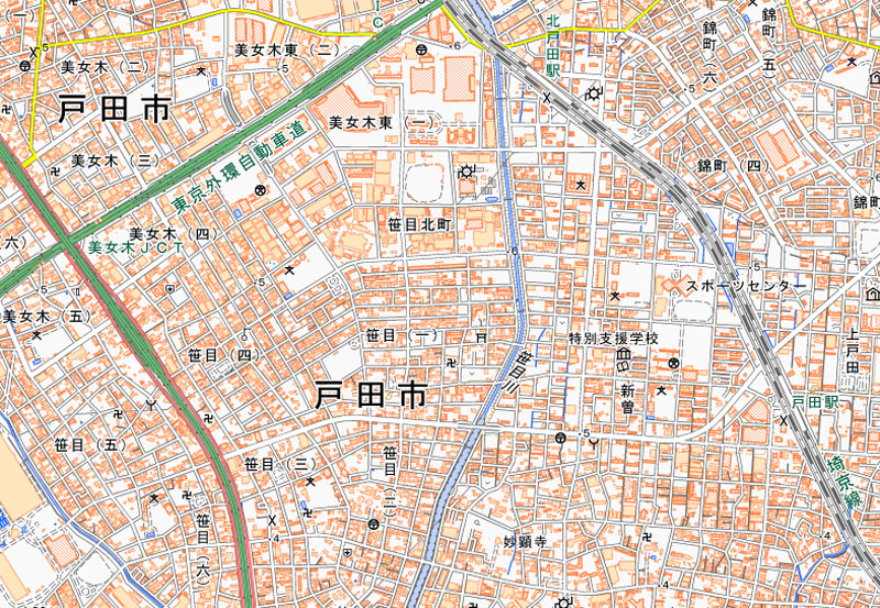 戸田市笹目2丁目の周辺（国土地理院HPより）