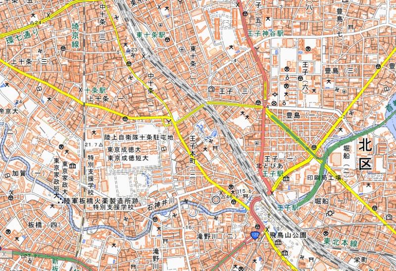 東十条―王子駅間の周辺（国土地理院HPから）