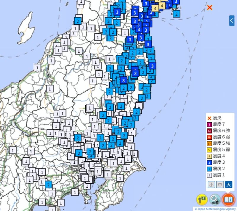 関東周辺の震度（各地の震度（30日午前1時29分ごろ、気象庁HPから