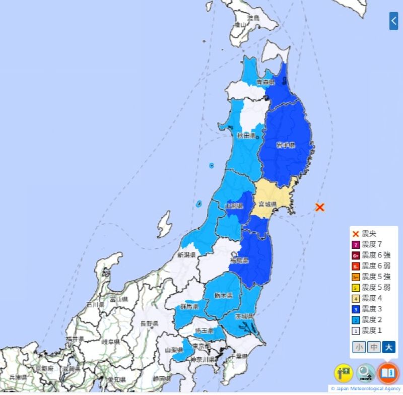 全国の震度分布図（30日午前1時29分ごろ、気象庁HPから）