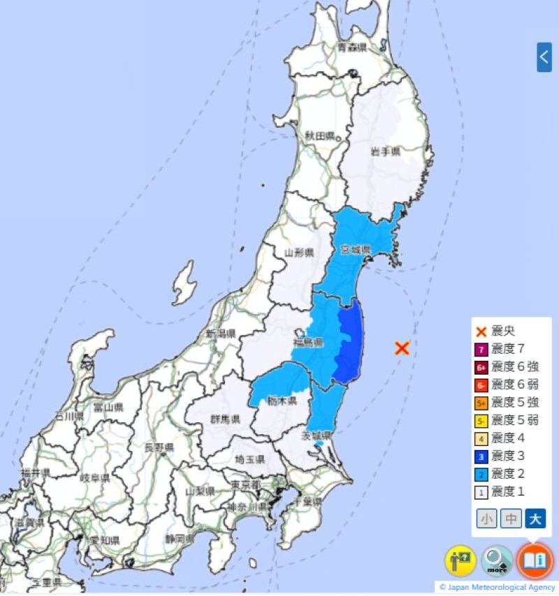 2度目の地震の震度分布図（30日午前1時51分ごろ、気象庁HPから）