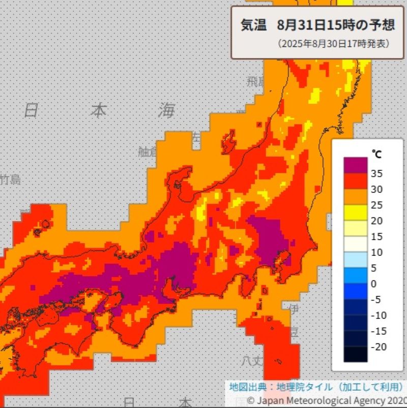 31日午後3時の予想気温（気象庁HPから