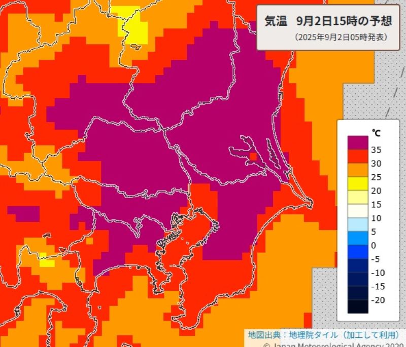 2日午後3時の気温予想（気象庁HPから）
