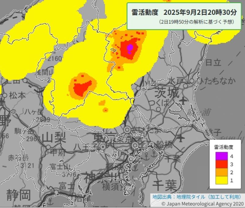 雷活動度（2日午後8時30分の予想）＝気象庁HPから