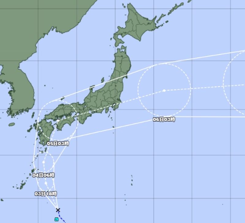 熱帯低気圧（台風）の進路予想図＝3日午前6時、気象庁HPから